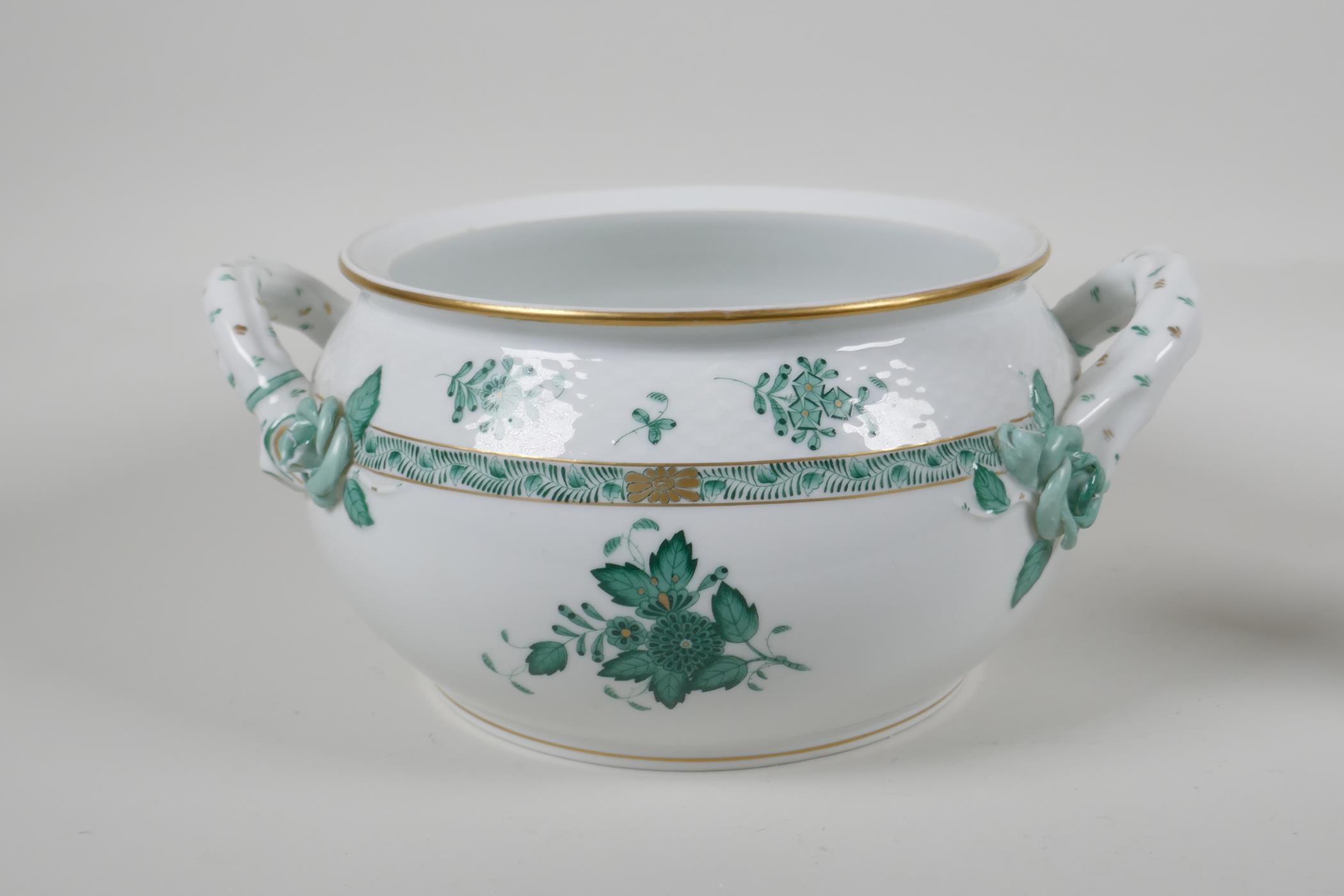 A Herend porcelain, with green Chinese bouquet pattern, two handled pot. And milk jug. AF. Largest - Image 2 of 10