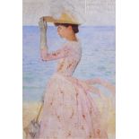 A museum exhibition poster, depicting a young lady by the sea. Displaying the words of Aristide