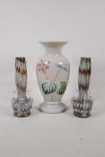 A pair of Murano style glass spill vases and an opaline glass vase with enamelled floral decoration.