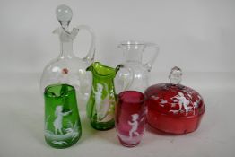 A Cranberry glass powder box decorated in the Mary Gregory style, with another five glass items with