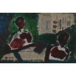 Abstract study of two figures, signed, Chinese school, oil and collage on paper, 12" x 18"