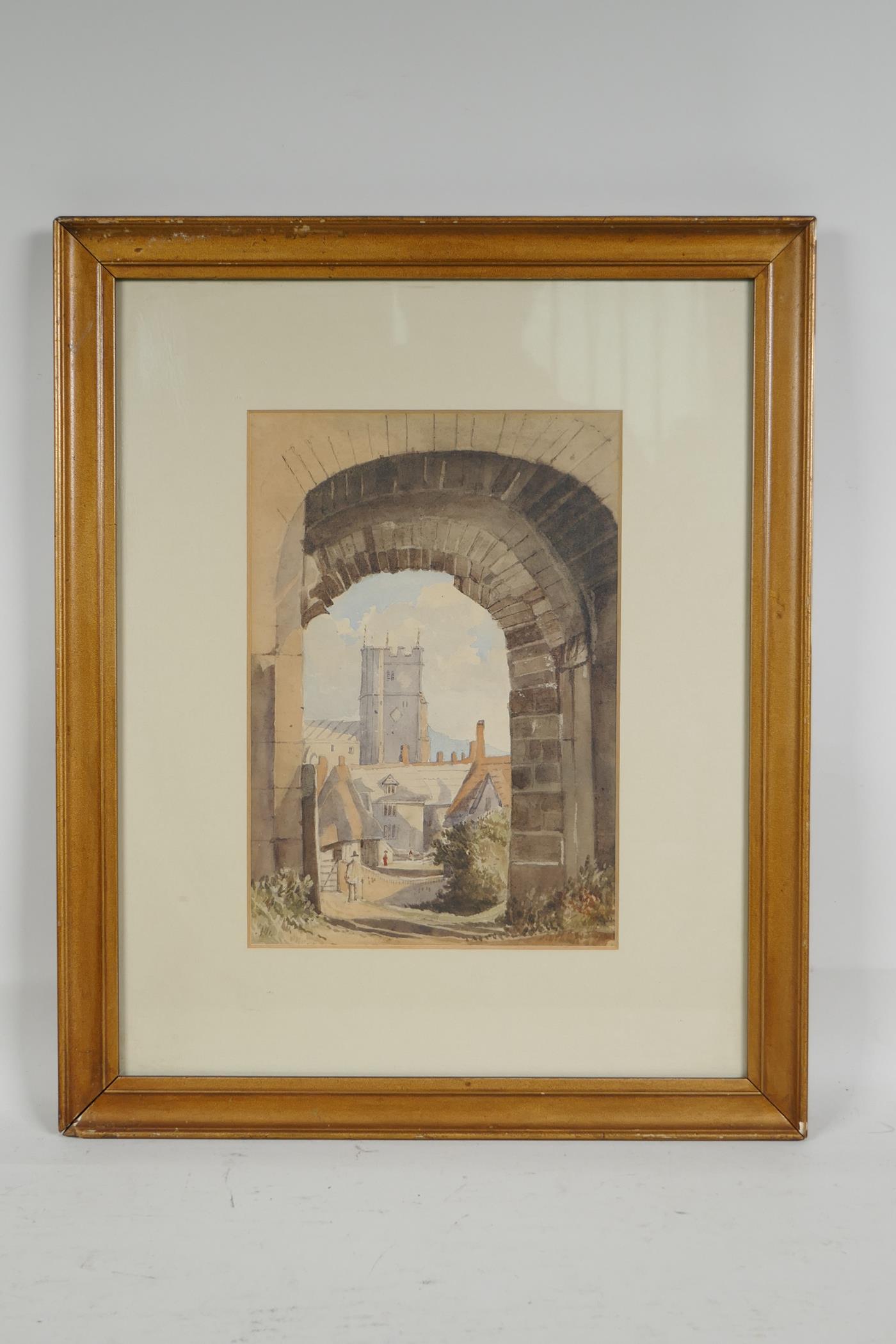 A view of a church through an arch, indistinctly signed, C19th watercolour, 7" x 10" - Image 2 of 4