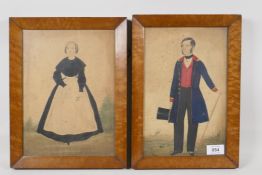 A pair of C19th English Naive portraits, of a lady & gentleman. Watercolours, unsigned, in