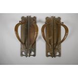 Four early C19/20th brass Art Nouveau door handles, by W & R Leggott of London & Bradford, 2½ x 14"