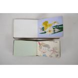 Two early to mid C20th autograph albums containing sketches, watercolours and oils, largest 5½" x