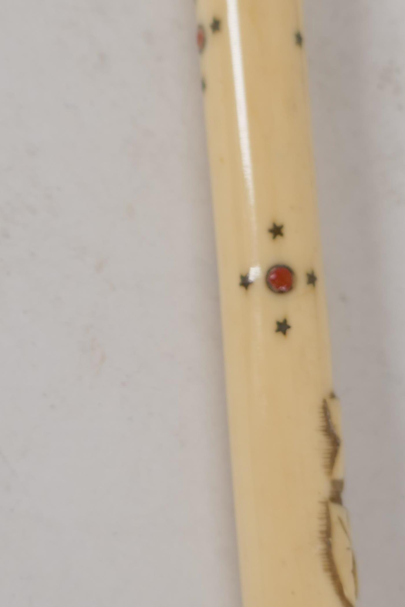A C19th Japanese carved ivory parasol handle, inset with jewels and metals in the shybiyana - Image 4 of 5