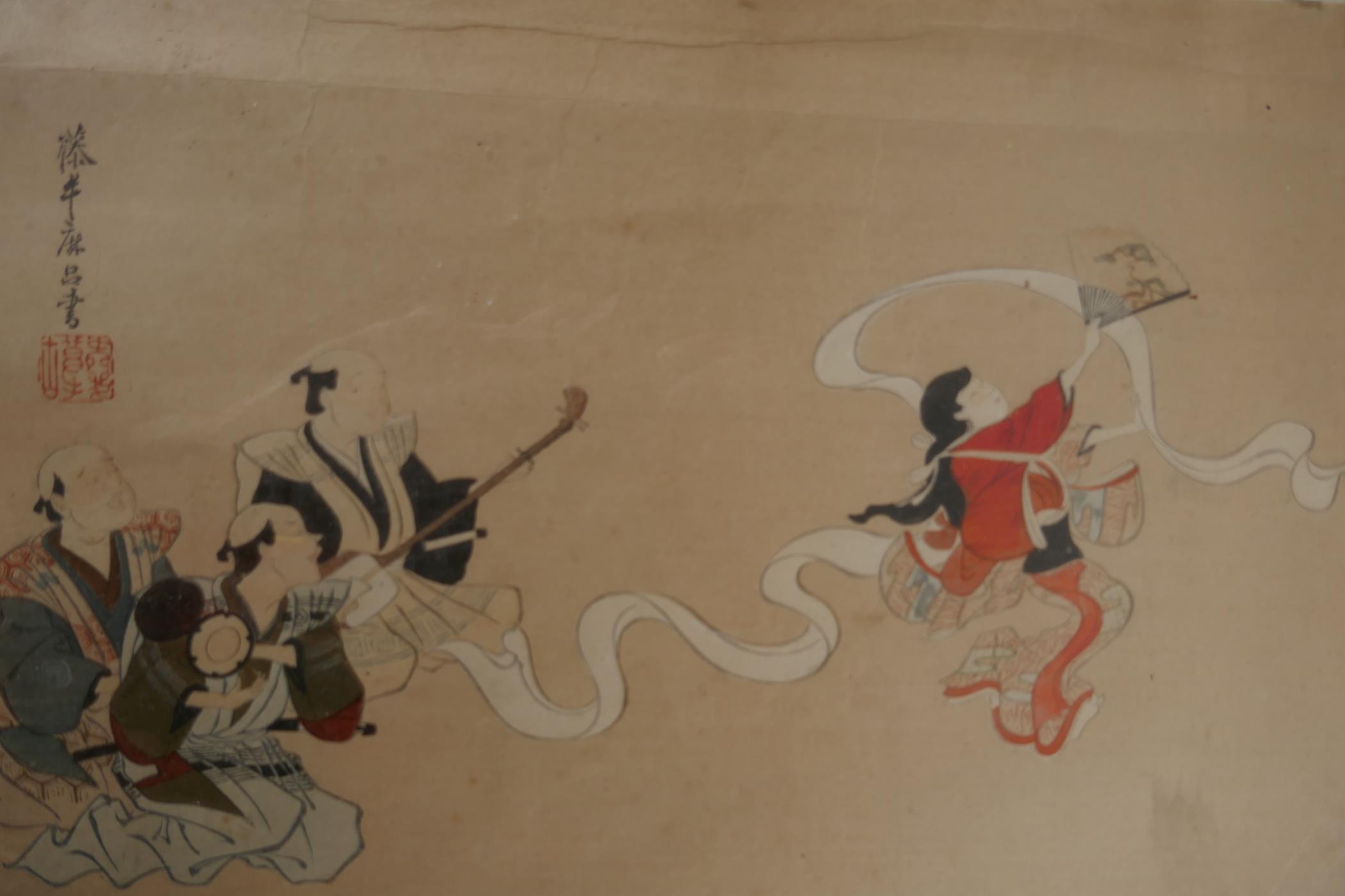 A Japenese colour print of musicians and a ribbon dancer, 11½" x 7½", and another of a seated - Image 2 of 3