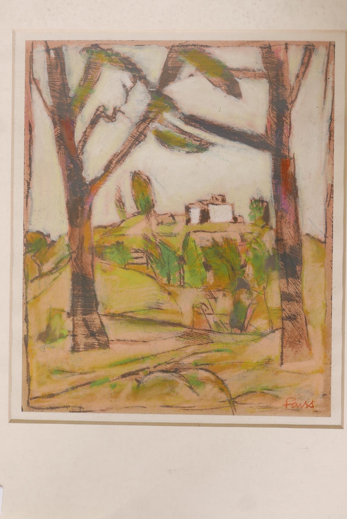 Continental landscape, mixed media on paper, signed Fairs?. 8" x 10"