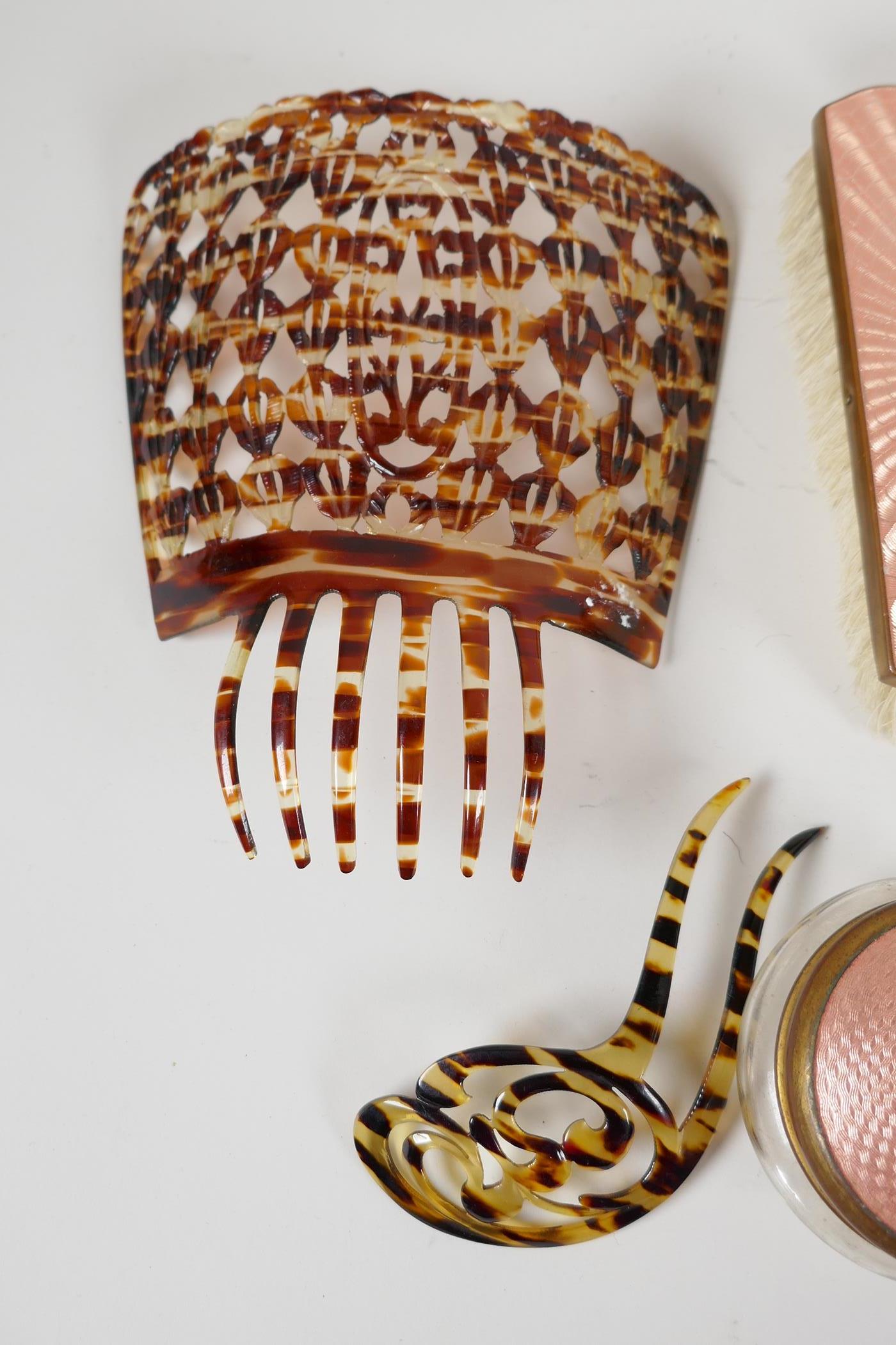 An Art Deco enamel backed seven piece dressing table set, together with two faux tortoiseshell - Image 2 of 4