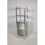 A chrome and frosted glass bathroom standing cabinet, with open shelves and base cupboard. 47" x 13"