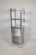 A chrome and frosted glass bathroom standing cabinet, with open shelves and base cupboard. 47" x 13"