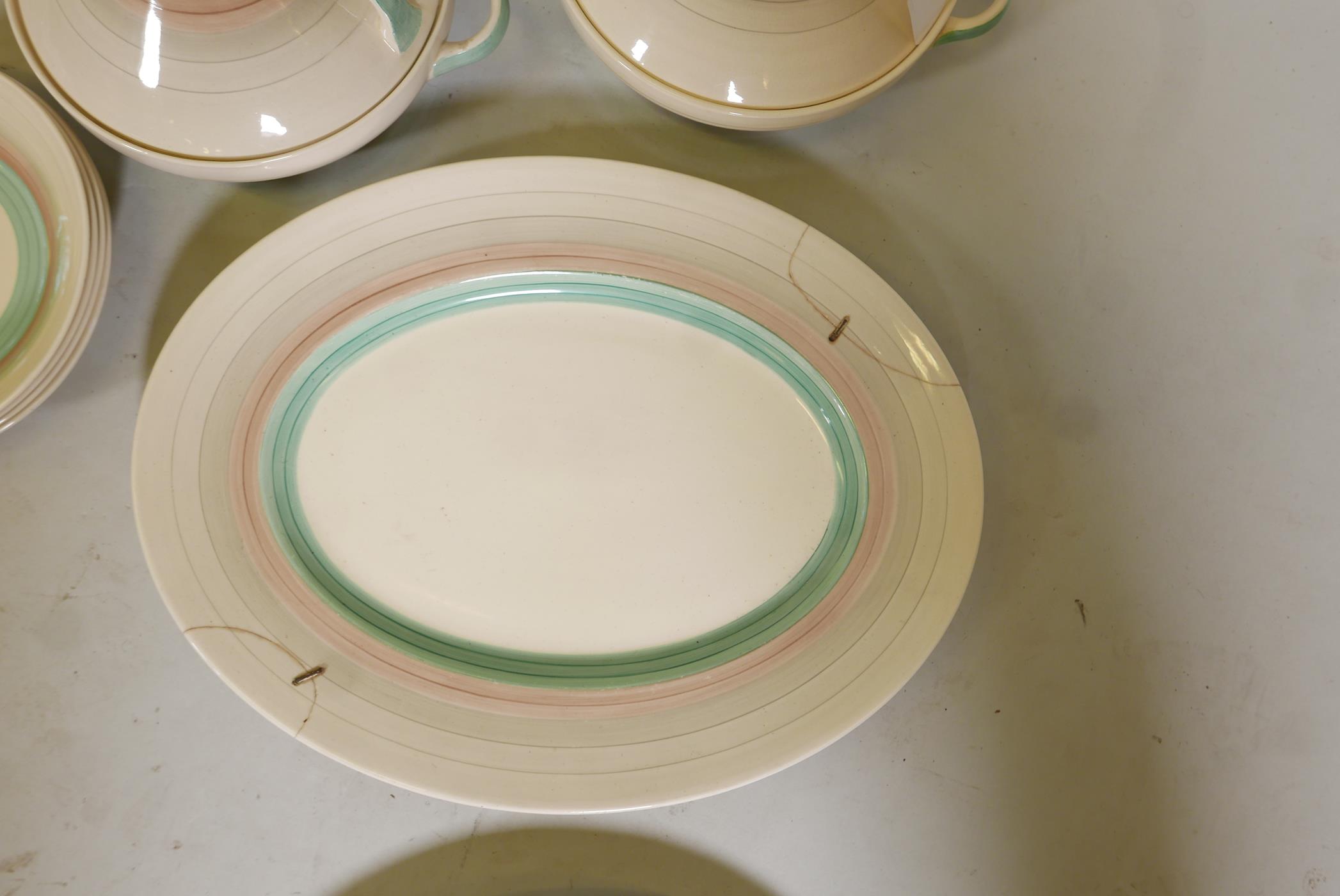 An Art Deco Susie Cooper 'Wedding Band', x6 place dinner service, (1 platter stapled). And a - Image 7 of 7