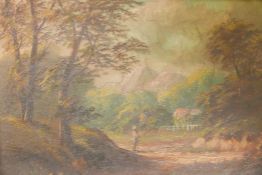 Landscape with figure, possibly colonial. sSigned indistinctly, oil on canvas, late C19th, 8" x 12"