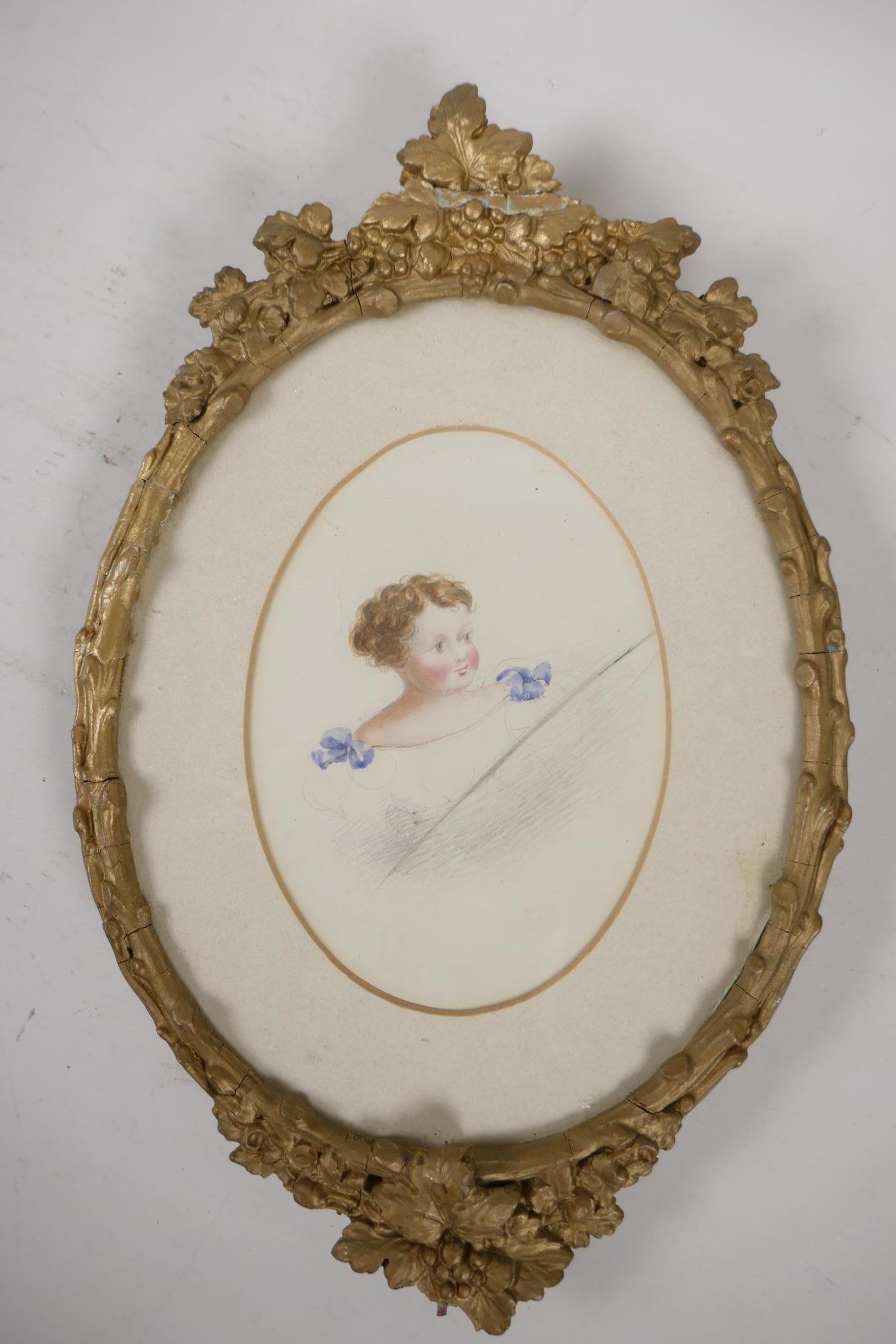 A 19th C Watercolour portrait of a young child, in a good oval gilt frame, portrait 6" x 5" - Image 2 of 2