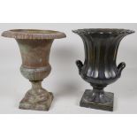 A patinated brass classical style urn, 10" high, together with a pottery urn by Beswick