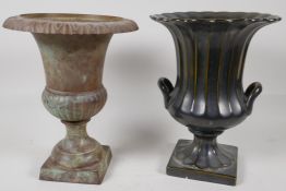 A patinated brass classical style urn, 10" high, together with a pottery urn by Beswick