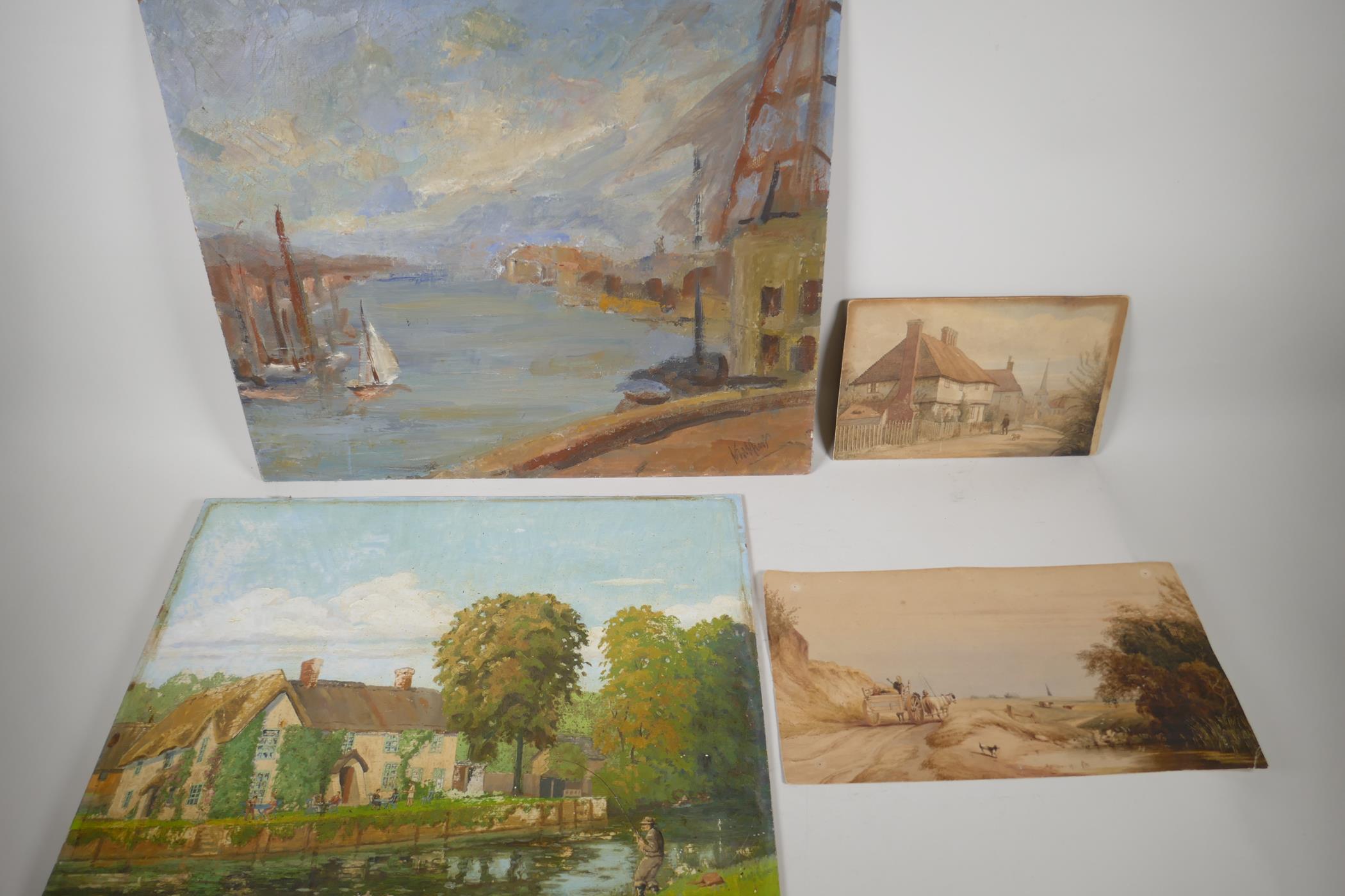 An old Impressionist continental port scene, indistinctly signed. Together with a V. C Hardingham, - Image 4 of 9