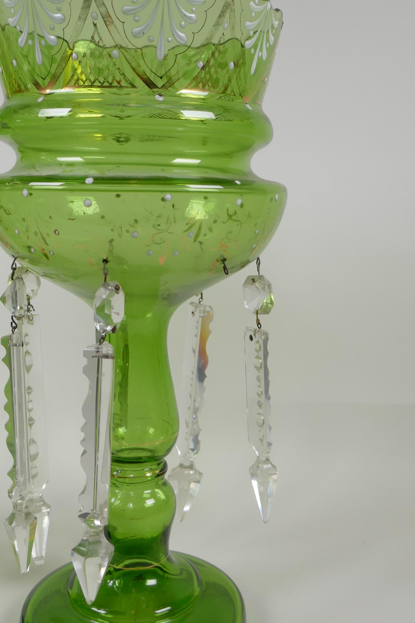 A pair of Bohemian green glass lustres, with gilt & enamel decoration, 1 drop missing, AF, 13½" high - Image 3 of 5