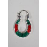 A silver, red & green enamel horseshoe pendant, 1½" long