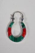 A silver, red & green enamel horseshoe pendant, 1½" long