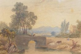 A C19th watercolour mural scene, with figure on a stone bridge. 10" x 7½"