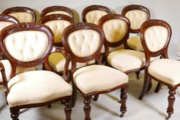 A set of 8+2 Victorian mahogany balloon back dining chairs, with upholstered backs and seats, raised