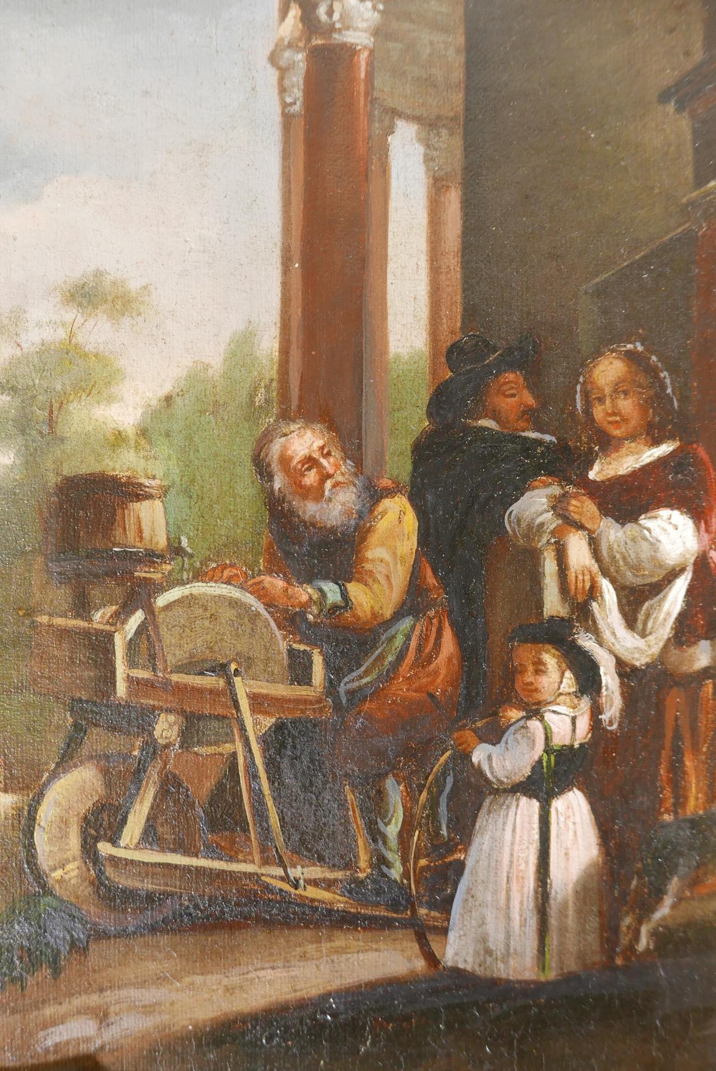 A pair of genre scenes, a knife grinder, and a hawker, oils on canvas, signed with a monogram, - Image 2 of 8