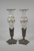 A pair of Bohemian overlaid glass spill vases, with gilt details and decorative metal mounts, AF,