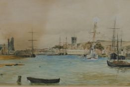 A Continental port scene, monogramed, C19th watercolour, 18" x 8"