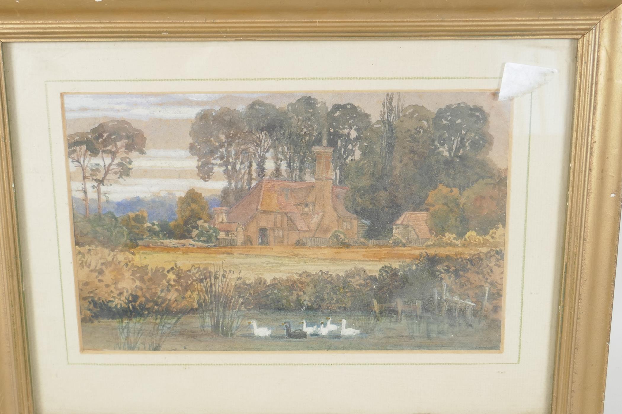 A C19th watercolour drawing of a remote farm house, with a duckpond to foreground, 8½" x 5" - Image 2 of 3