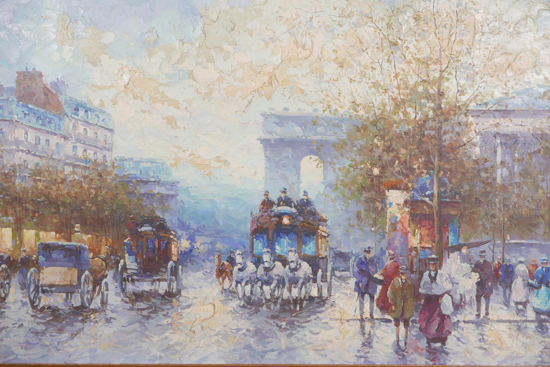 Parisian street scene, oil on canvas, unsigned. 48" x 24". Late C20th - Image 2 of 2