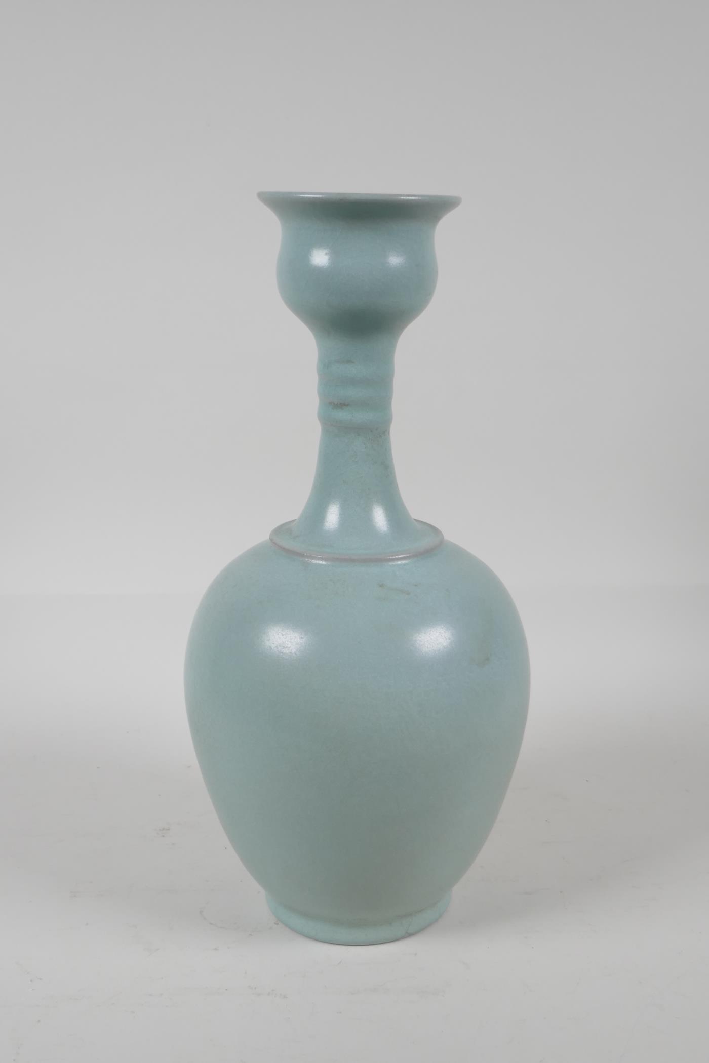 A celadon Ru ware style porcelain vase with engraved character inscription, 11" high
