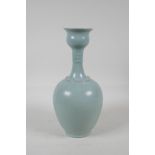 A celadon Ru ware style porcelain vase with engraved character inscription, 11" high