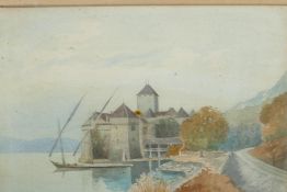 A C19th watercolour, continental Chateau on a riverbank. 11" x 8"