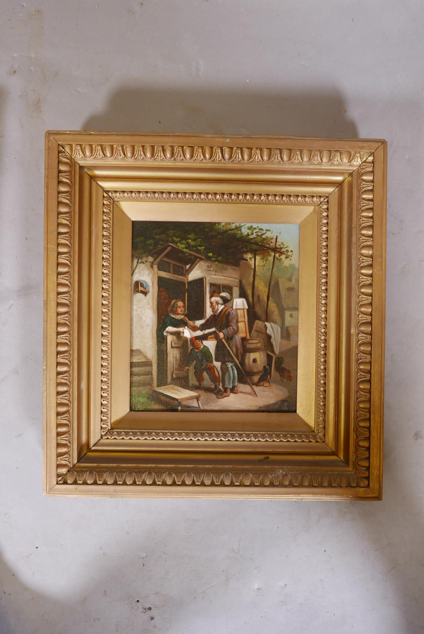 A pair of genre scenes, a knife grinder, and a hawker, oils on canvas, signed with a monogram, - Image 5 of 8