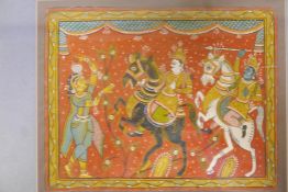 India enamel painting on canvas, two horsemen, 14" x 11"