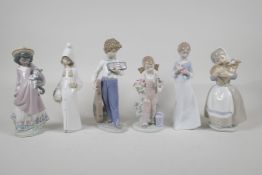 Four Lladro porcelain figures of children and two similar Nao figures, A/F, largest 9" high