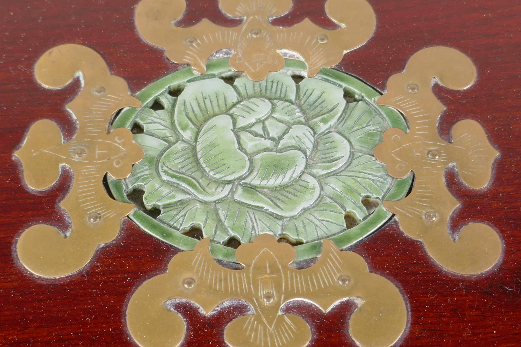 An Oriental brass bound hardwood jewellery box. With inset carved jade plaque to the lid and - Image 6 of 6