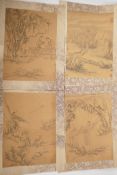 A set of 4 Chinese pictures, on silk figures in classical scenes. 8" x 11"