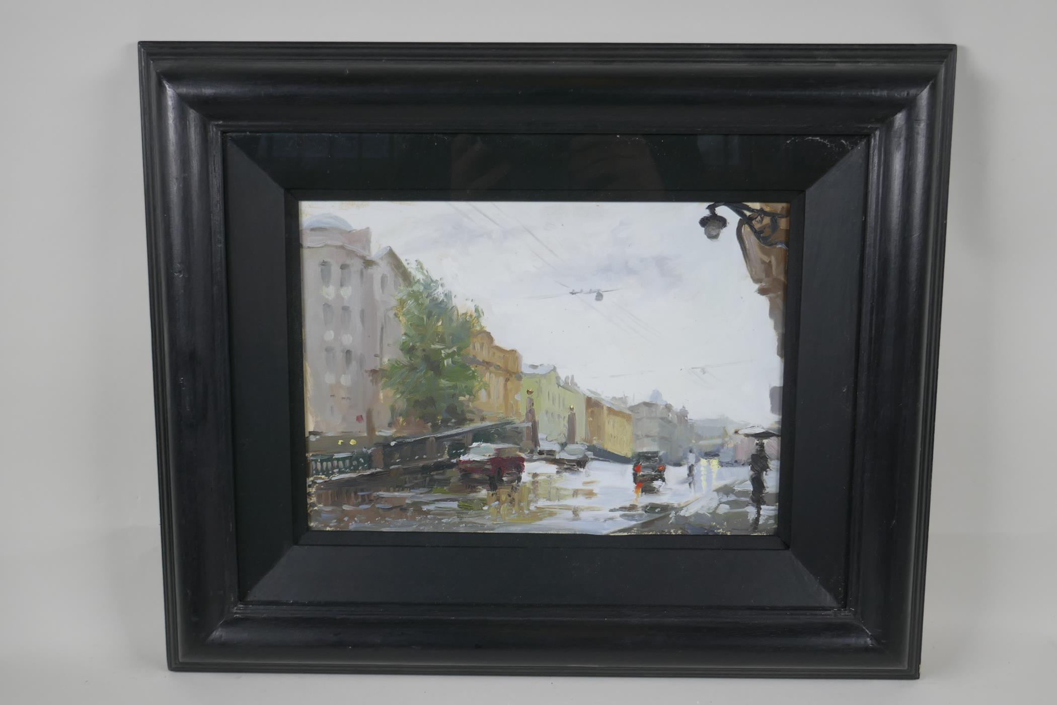 A Russian, oil on board, street scene in the rain. Signed verso, 9½" x 13½" - Image 2 of 4