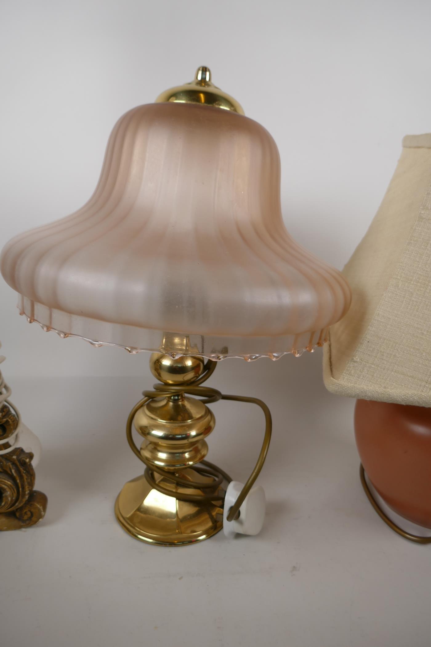 A brass table lamp with pink frosted glass shade, 16" high and two other lamps - Image 2 of 4