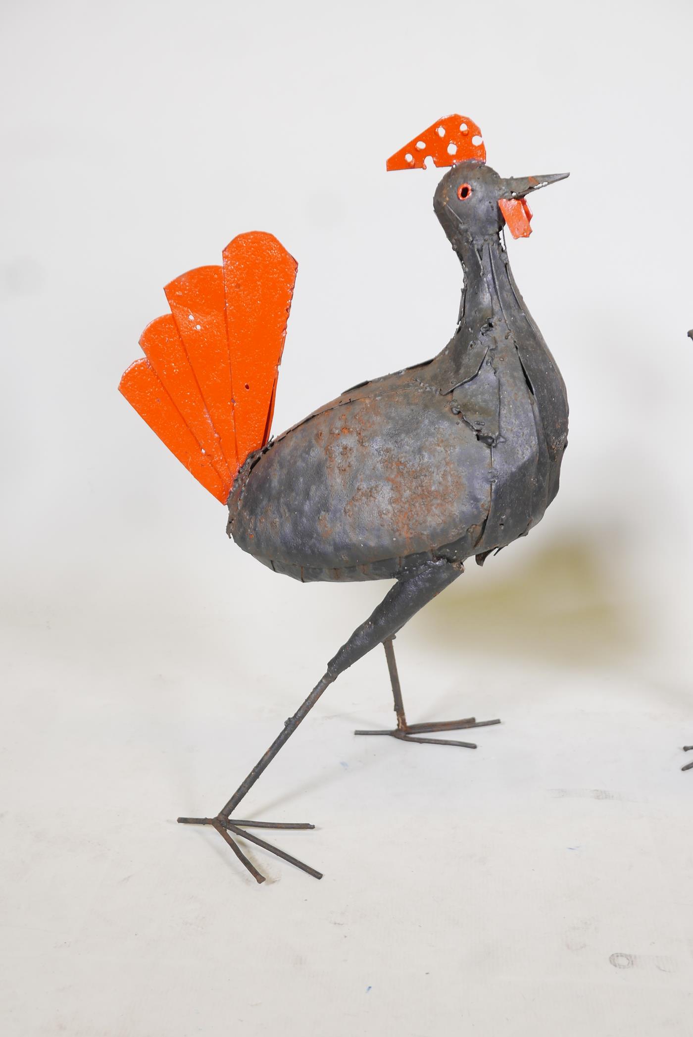 A painted iron sculpture of a cockerel and another of a chicken. 26" high - Image 2 of 3