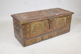 A hardwood Zanzibar chest, with brass drawers and brass studded decoration. 44" x 18" x 18"