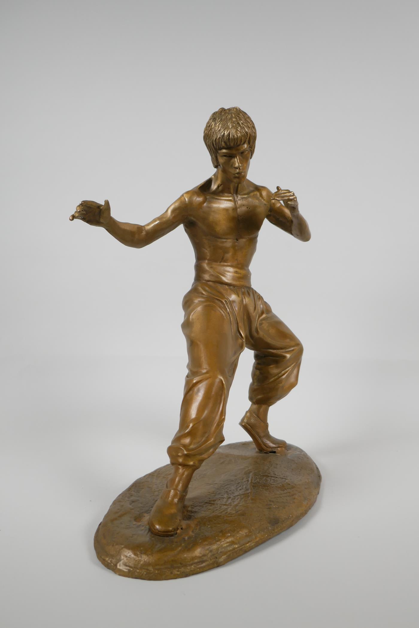 A gilt bronze figure of Bruce Lee, 13" high - Image 2 of 4