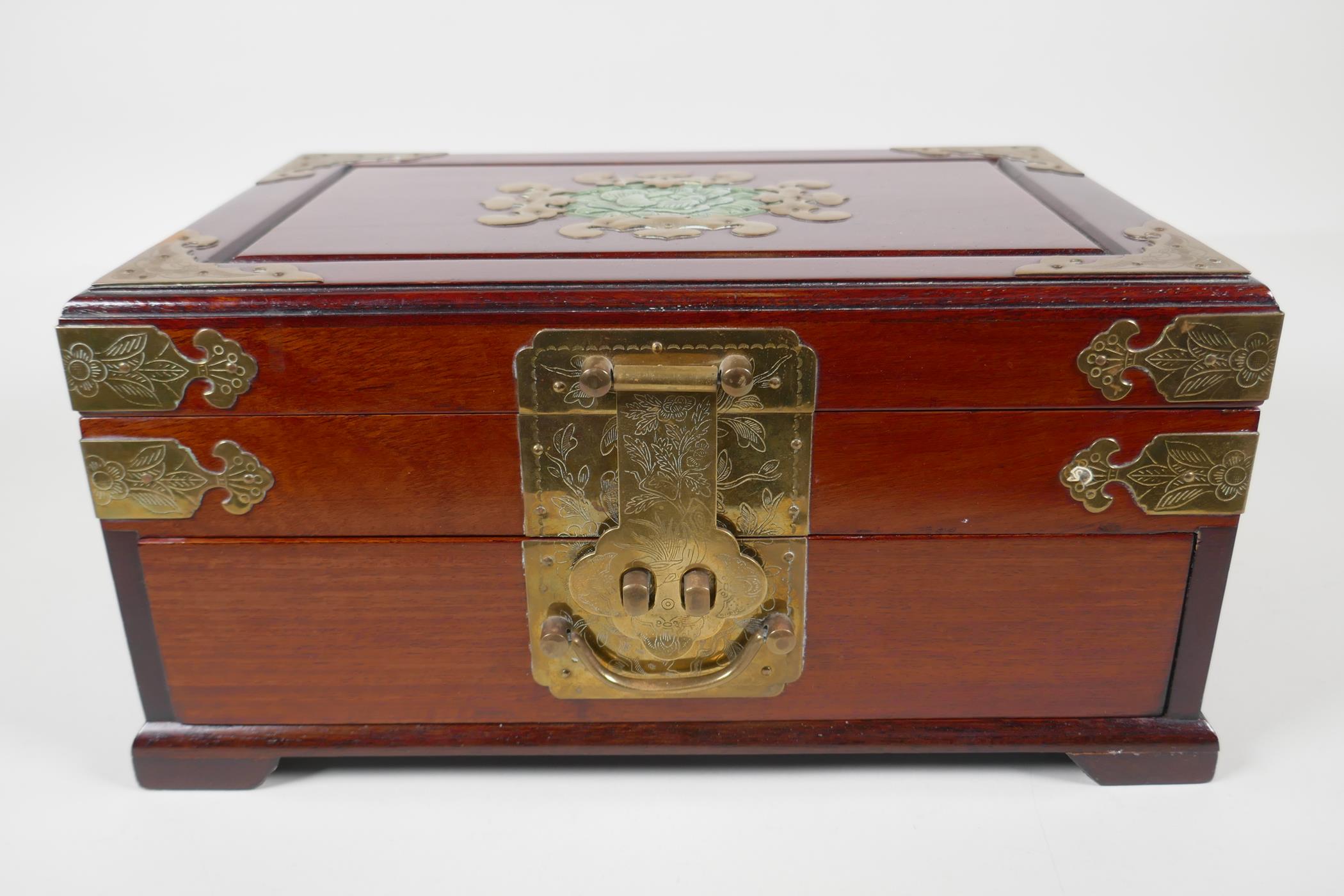 An Oriental brass bound hardwood jewellery box. With inset carved jade plaque to the lid and - Image 5 of 6