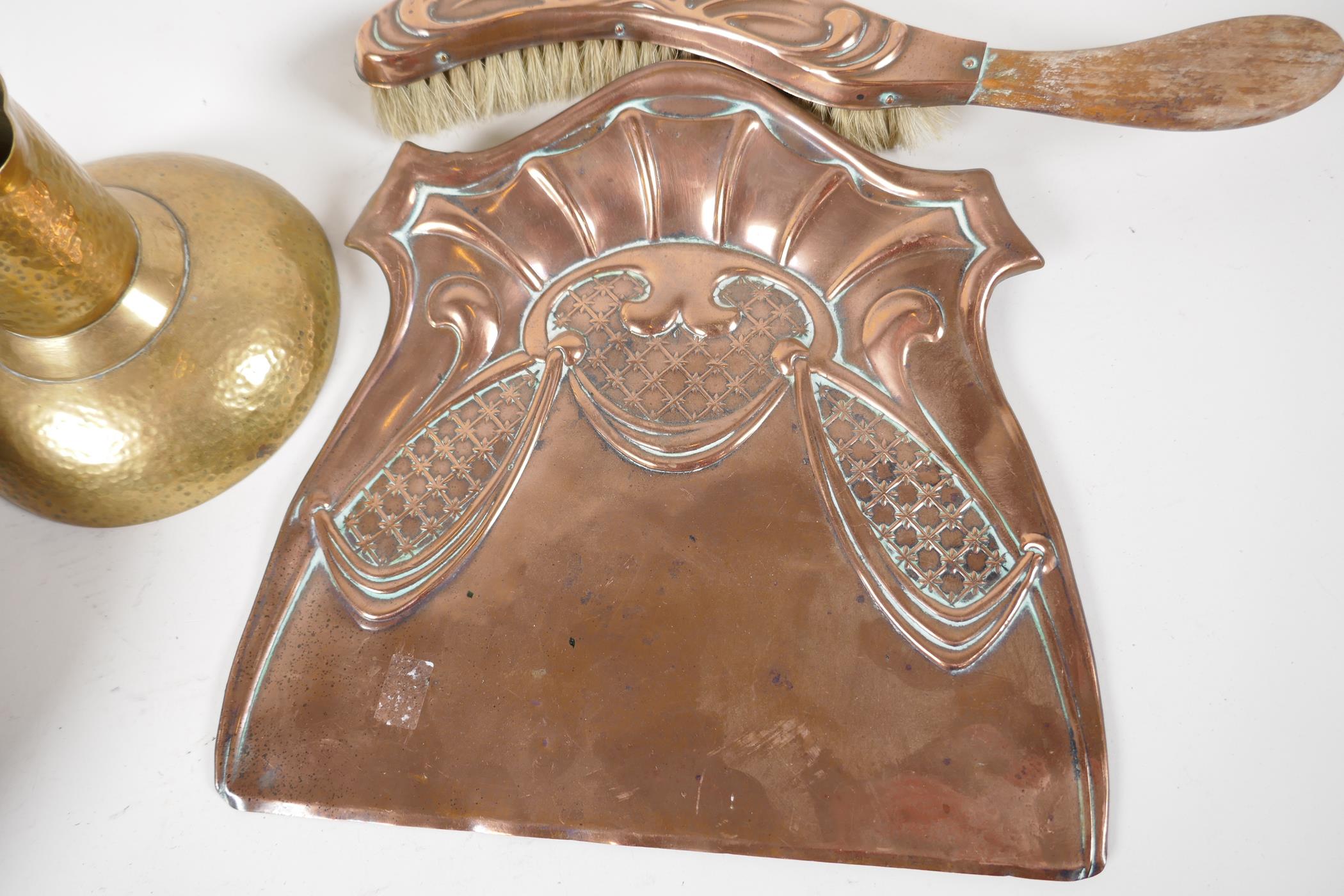 An Arts & Crafts hammered copper crumb tray and brush, together with a Christopher Dresser style - Image 2 of 5