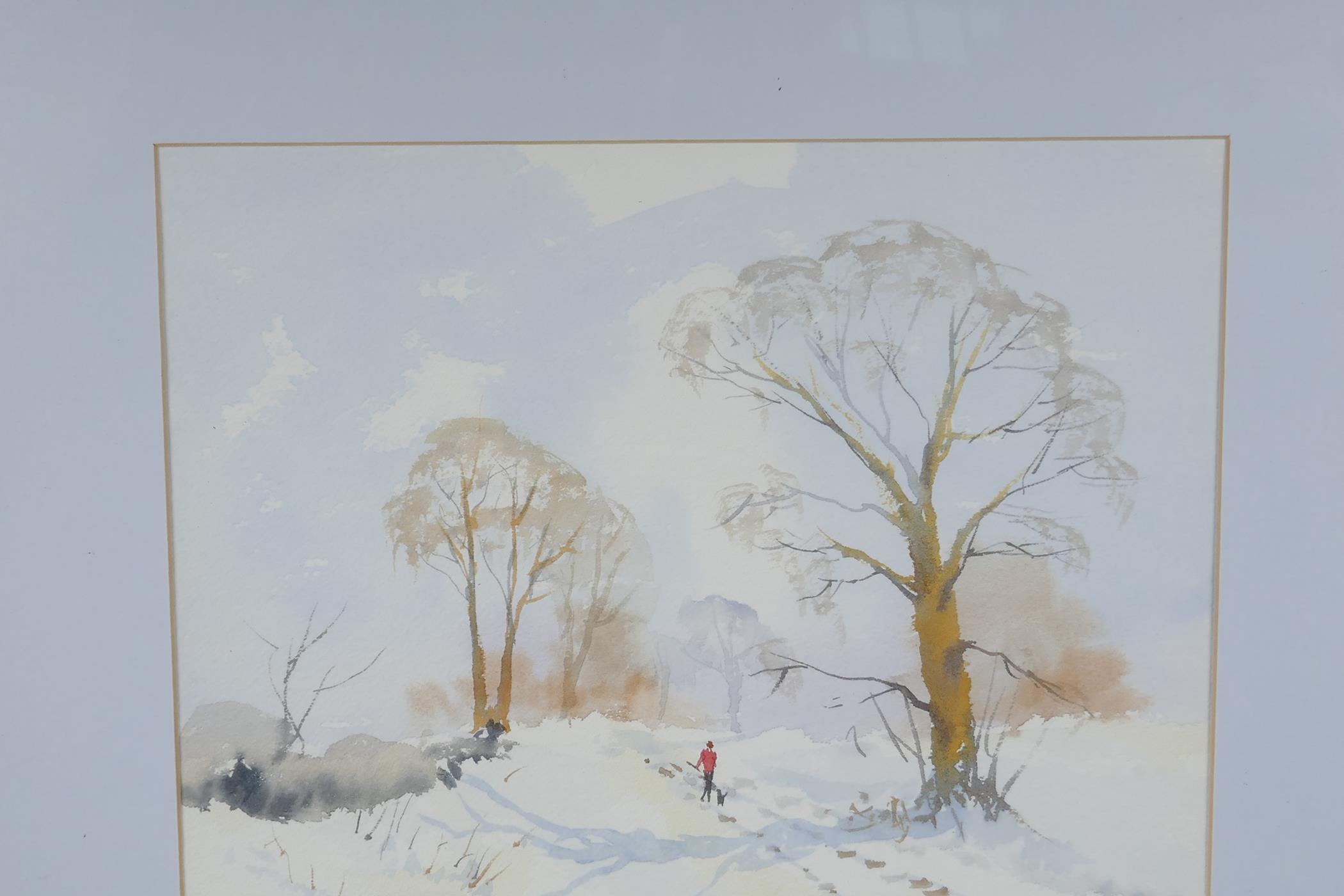 Frank Halliday, snow covered rural landscape with farm buildings, signed watercolour, 21" x 14" - Image 2 of 6