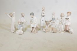 Four Lladro figures & six others, including Nao, largest 10" high