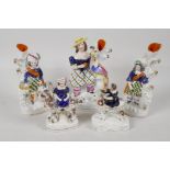Three Staffordshire "Highlander" spill vases, 7½" high. Together with two Staffordshire figures of