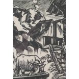 Ernst Huber, cattle by a Swiss dwelling, signed woodcut print, 7" x 5"